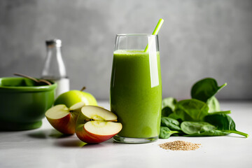Green spinach and kale health smoothie with green fruits and berries. Generative AI illustration - obrazy, fototapety, plakaty