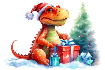  Cute little smiling dragon in a christmas hat ang gift boxes, watercolor Isolated on white background,  The symbol of the new year 2024, christmas cartoon illustration. Generative AI 