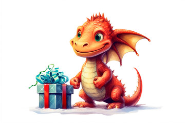 Obraz na płótnie Canvas Cute little smiling dragon in a christmas hat ang gift boxes, watercolor Isolated on white background, The symbol of the new year 2024, christmas cartoon illustration. Generative AI 