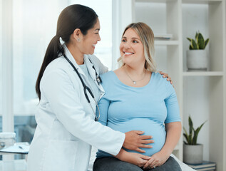 Healthcare, comfort and doctor with a pregnant woman in a clinic touching her belly for support....