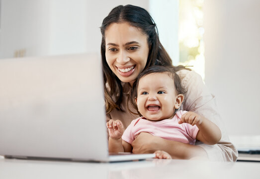 Smile, remote work and woman with baby and laptop, happy freelancer worker with online project on maternity leave. Work from home, mother and toddler with happiness, internet search and virtual job.