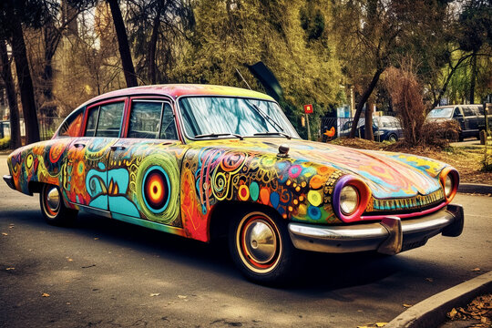 a hippie flower power-style painted car - generative AI