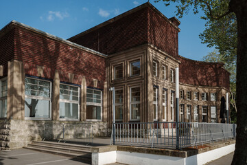 Outdoor exterior at Rheinterrasse Düsseldorf along riverside of Rhine River in Düsseldorf, Germany.