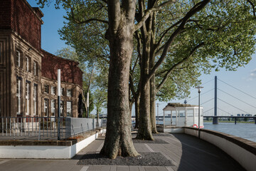 Outdoor exterior at Rheinterrasse Düsseldorf along riverside of Rhine River in Düsseldorf, Germany.
