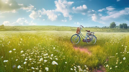 Obraz premium Beautiful spring summer natural landscape with a bicycle on a flowering meadow against a blue sky with clouds on a bright sunny day