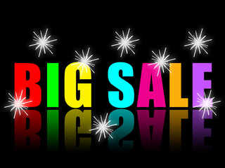 Big sale, colorful words and bright sparks on black background