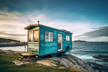 Mobile tiny house for outdoor experiences by a beautiful seashore. Connection with nature. Generative AI illustration - obrazy, fototapety, plakaty