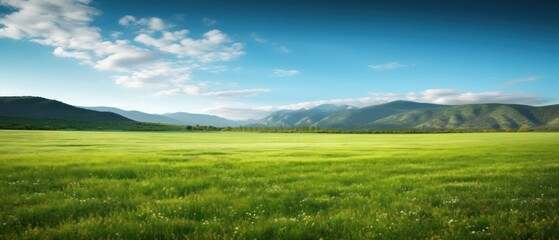 Obraz premium Panoramic natural landscape with green grass field, blue sky with clouds and and mountains in background. Panorama summer spring meadow. Shallow depth of field