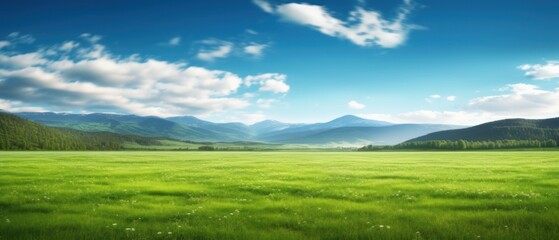 Fototapeta na wymiar Panoramic natural landscape with green grass field, blue sky with clouds and and mountains in background. Panorama summer spring meadow. Shallow depth of field