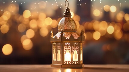 Fototapeta premium Original traditional ornate oriental lantern with beautiful bokeh of holiday lights and mosque in background