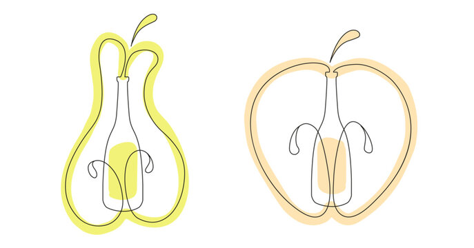 Set of vector simple illustrations of apple and pear lemonade. Bottles of homemade cider.