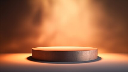 Round wooden podium with beautiful backlighting and haze in delicate pastel golden brown tones