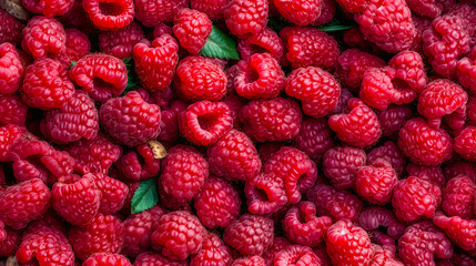 Raspberries food background and seamless pattern. Template for fabrics, textiles, paper, wallpaper, interior decoration. Generative AI illustration