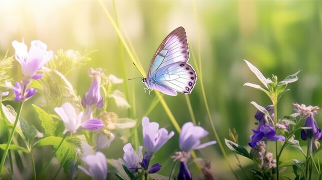 Purple butterfly on wild white violet flowers in grass in rays of sunlight, macro. Spring summer fresh artistic image of beauty morning nature. Selective soft focus