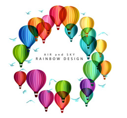Rainbow air balloons composition. Colorful abstract vector background. Circle frame for travel, adventure, holiday or festival conceptual design.