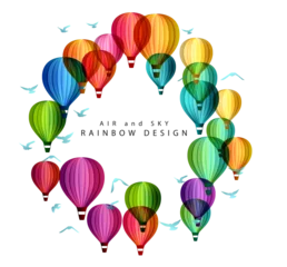 Papier Peint photo Lavable Montgolfière Rainbow air balloons composition. Colorful abstract vector background. Circle frame for travel, adventure, holiday or festival conceptual design.