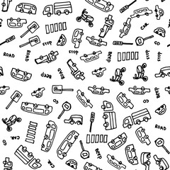 Kids pattern with cars, road signs and words. Vector monochrome seamless background in doodle style.