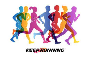 Fototapeta na wymiar Colorful silhouettes of running people. Conceptual vector illustration of marathon. Sport background with mans and womans in active lifestyle.