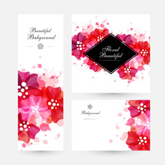 Romantic background with red and pink flowers and paint splashes.