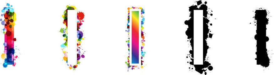 I letters with rainbow and black paint splash decorative elements. Colorful I letter emblems collection. Vector illustration in artistic style.