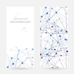 Structure of particles or molecules. Connected line and dots.