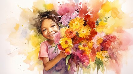Naklejka na ściany i meble Abstract watercolor painting of a little girl holding a large bouquet of summer flowers, Generative AI 