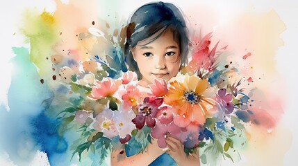 Obraz na płótnie Canvas Abstract watercolor painting of a little girl holding a large bouquet of summer flowers, Generative AI 