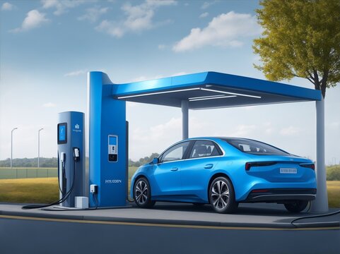 Ein blaues, wasserstoffbetriebenes Auto steht an einer Wasserstoff-Tankstelle. (KI-generiert)