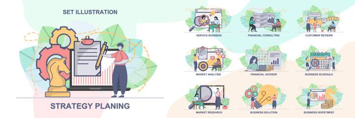 Set of web page design templates for business management, market research. business schedule, market analysis web page composition with people characters. Modern vector illustration concepts