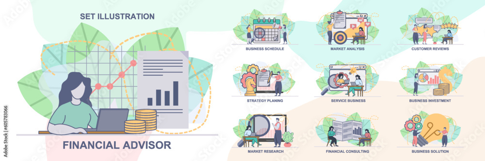 Poster set of web page design templates for business management, financial advisor. business solution, fina