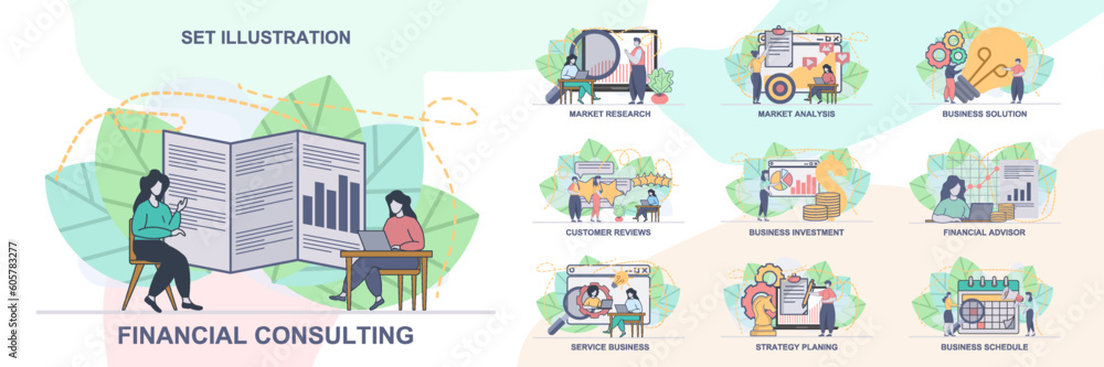 Poster set of web page design templates for business management, financial advisor. business solution, fina
