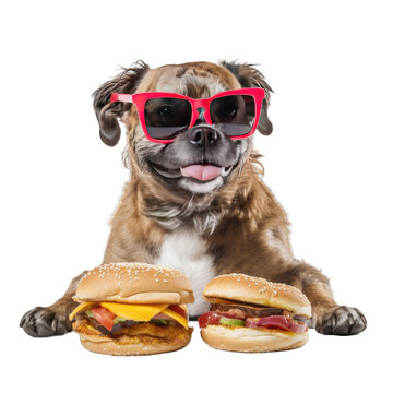 a dog with sunglasses with hamburgers