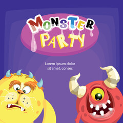 Monster Party banner design template. Cute cartoon monsters mascots. Best for invitations, greeting cards etc. Vector illustration.