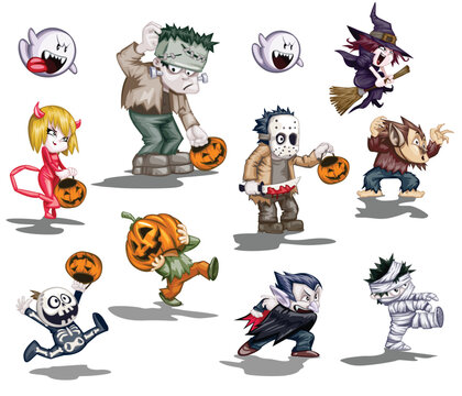set of Halloween vector art of a characters demon girl skeleton guy pumpkin head Frankenstein Dracula mummy guy