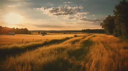 Obraz premium Landscape of a sunset over the field in the morning. Nature background. AI generated