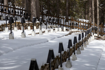 Kriegerfriedhof Nasswand First World War graveyard in a winter snowy day, in Toblach, Italy; Dolomites
