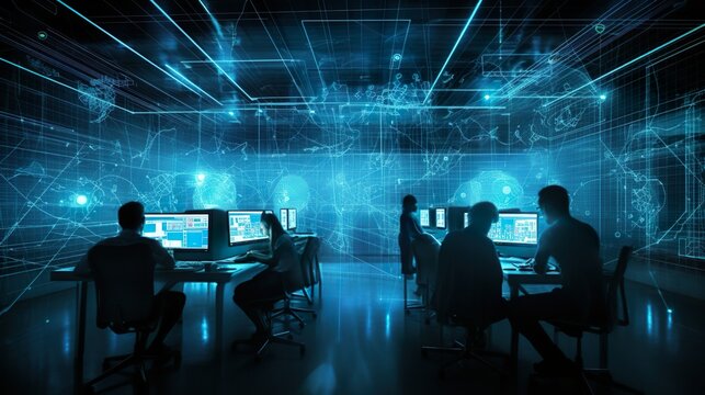 Business room, silouettes at working, data, ai genrated