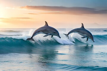 dolphin jumping out of the water - obrazy, fototapety, plakaty
