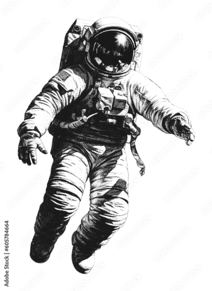 Wall mural hand drawn astronaut in space. retro halftone collage element. vector illustration of grunge art tem
