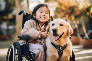 A loyal guide dog provides invaluable assistance and companionship to a fictional disabled girl in a wheelchair. Fictitious person. AI generated.