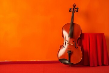 Beautiful violin leaning against a red wall. Ai generated.