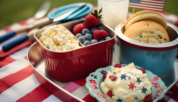 Concept art of Picnic in nature in honor of the 4th of July with traditional American snacks,dedicated to the holiday of the USA Independence Day - July 4th.Generative AI