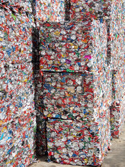 Crushed aluminium cans in a recycling plant.
