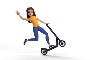 Cartoon funny cute girl in a yellow T-shirt and jeans rides electric scooter, makes extreme tricks on a white background. Woman in minimalist style. People characters illustration. 3D rendering