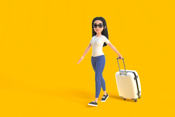 Cartoon funny cute girl in a white t-shirt, jeans and sunglasses walk with suitcase on a yellow background. Woman in minimalist style. People characters illustration. 3D rendering