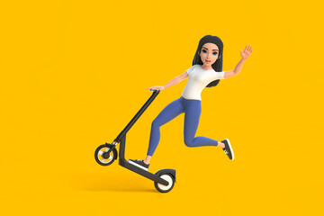 Fototapeta na wymiar Cartoon funny cute girl in a white T-shirt and jeans rides electric scooter, makes extreme tricks on a yellow background. Woman in minimalist style. People characters illustration. 3D rendering