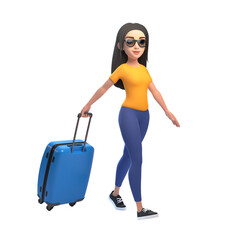 Cartoon funny cute girl in a white t-shirt, jeans and sunglasses walk with suitcase on a yellow background. Woman in minimalist style. People characters illustration. 3D rendering