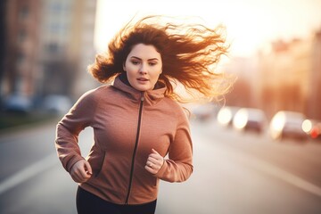 With each stride, the chubby young woman embraces the challenge, her determination fueling her weight-loss journey. Fictitious person generated by Ai.