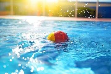 Water games in the pool with colorful plastic balls. Ai generated.
