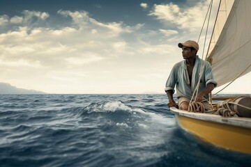 A lonely, handsome man sails his small boat, enjoying the sea breeze in solitude. Ai generated.